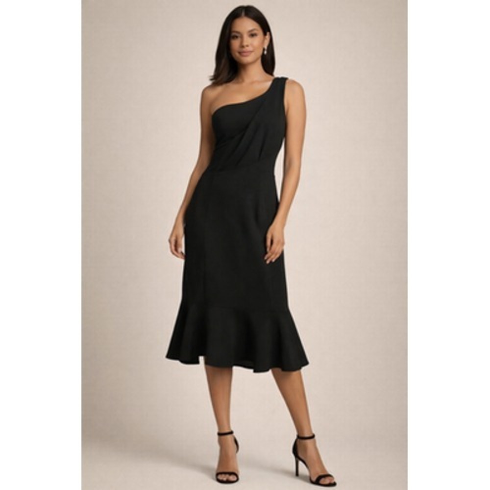 Chaps Dress Womens 12 Black One Shoulder Ruffle Sheath Midi Party